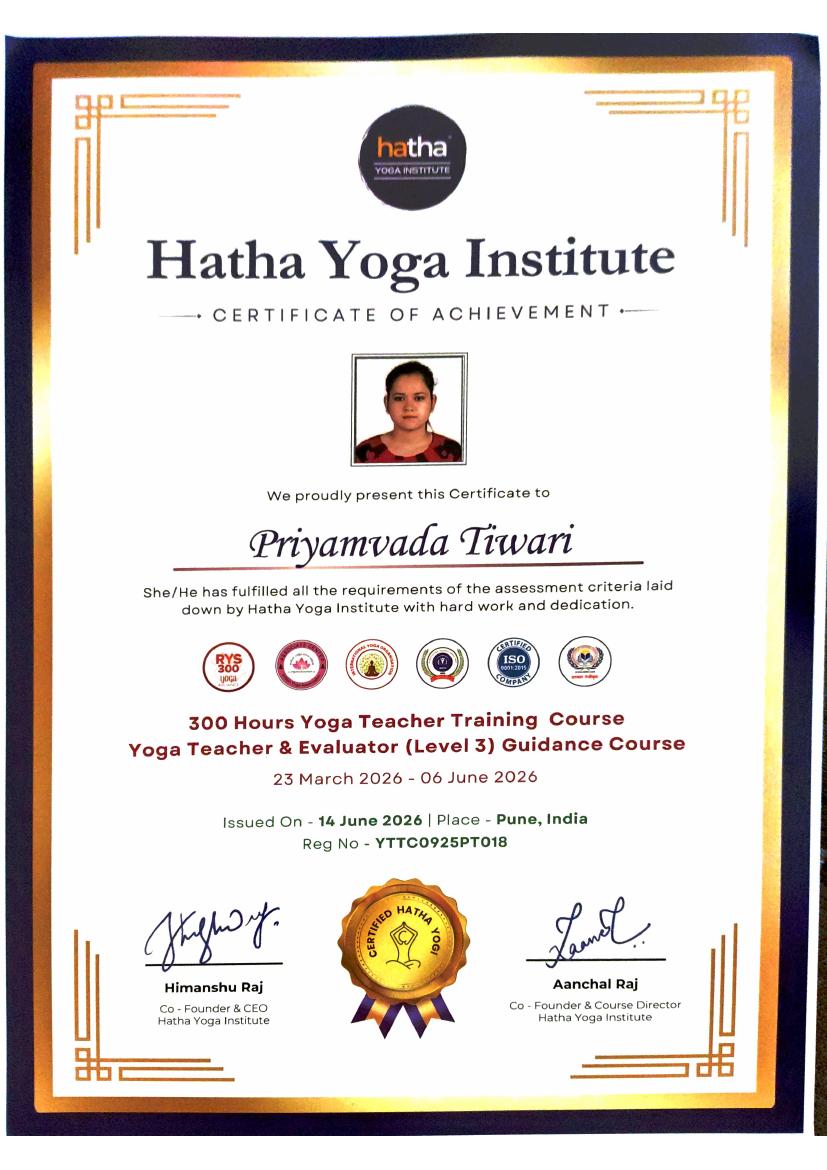 Yoga Teacher & Evaluator (Level 3) certificate preview